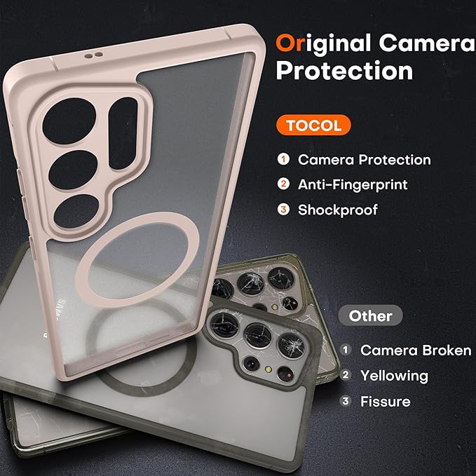 TOCOL Magnetic Only for Samsung Galaxy S25 Ultra Case, Upgraded Full Camera Protection, Compatible with Magsafe, Drop Protection, Matte Back Cover for Samsung Galaxy S25 Ultra 6.9-Inch (Desert)