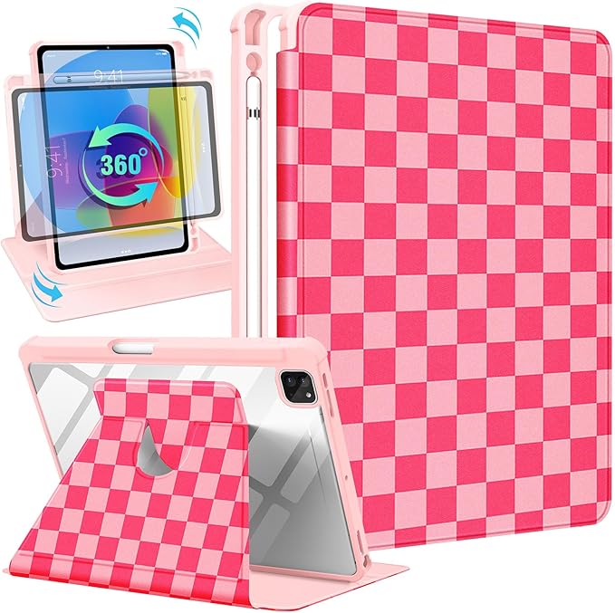 Uppuppy for iPad Air 11 inch Case, Air 5th/4th Generation 10.9, Pro 11'' Case Women Girls for Apple Pencil Holder Cute Checkered Rotating Folio Cover for iPad Air 11 2024 (M2), 10.9 2022 2020, Pro 11