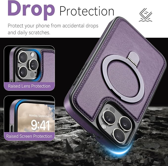 Compatible with iPhone 14 Pro Case with Stand, Compatible with MagSafe, Slim PU Leather & Durable TPU Protective Cover Drop-Proof with Tempered Glass Screen Protector 6.1", Purple