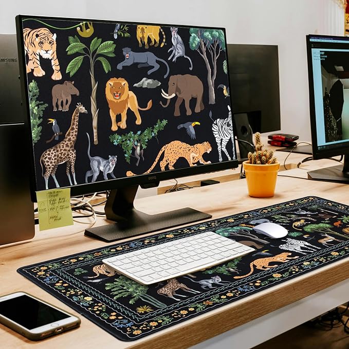 L-SPOUTTO Jungle Animal Desk Mat for Keyboard and Mouse,XXL Large Mouse Pad Non-Slip Keyboard Pad Waterproof Desktop Mat for Laptop Computer Work Game Home Office-Black