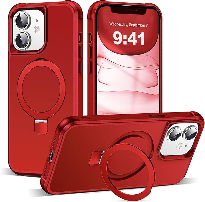 SKYLMW Compatible with iPhone 11 Case with Invisible Magnetic O-Ring Stand Military-Grade Case for iPhone 11 6.1" [Compatible with Mag-Safe][Great Grip Feeling], Red