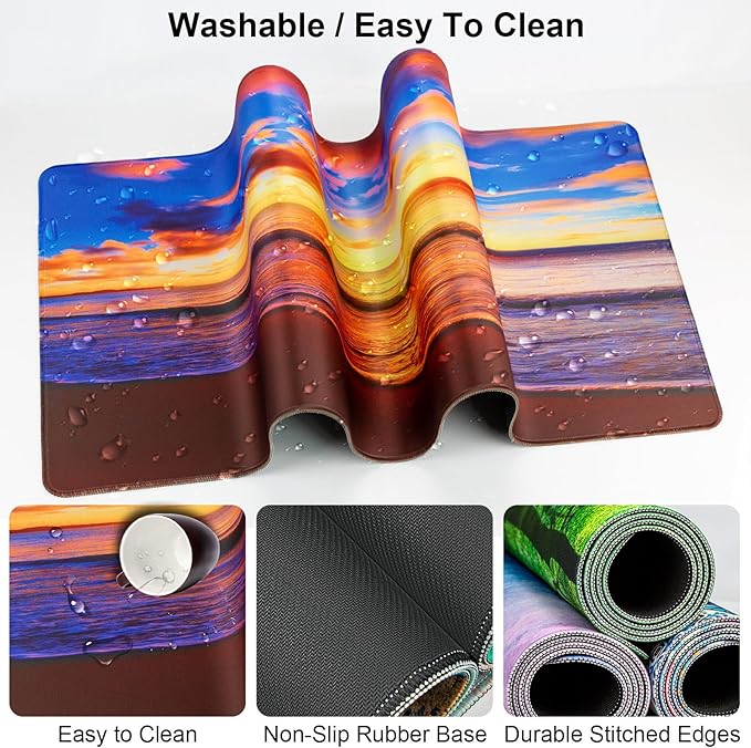 Keyboard Wrist Rest + Mouse Pad with Wrist Support + Desk Mat + Coaster 4 in 1 Set, XXL Large Gaming Mousepad Cute Ergonomic Mouse Pads for Desk Computer Laptop Office Decor-Sunset Beach