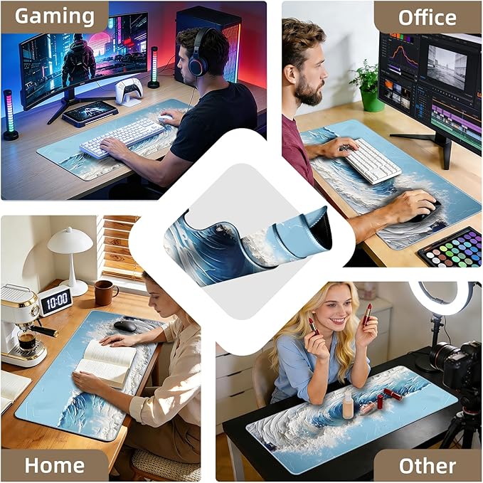 Galdas Gaming Mouse Pad XXL XL Large Long Extended Big Mousepad Non-Slip Rubber Keyboard Desk Pad with Stitched Edges for Laptop Home Office (31.5x11.8x0.08 Inch) … (Painting Waves)