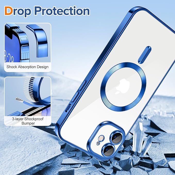 Hython Magnetic Clear for iPhone 11 Case with Camera Lens Protector [Compatible with MagSafe] Luxury Plating Edge Slim Soft TPU Cover Protective Phone Case for iPhone 11 6.1", Deep Blue
