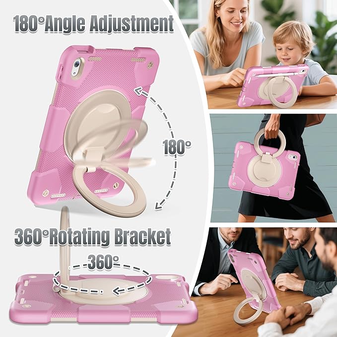 Andnary Case for iPad (A16) 11th /10th Generation 11/10.9 Inch 2025/2022 with Screen Protector/360° Rotate Stand/Shoulder Strap/Pencil Holder, Shockproof iPad 11th/10th Gen Cover (Pink+White)