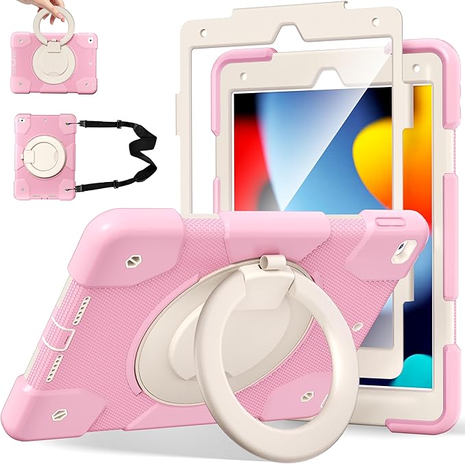 Andnary Case for iPad 9th/8th/7th Generation 10.2 inch, Shockproof Cover with Screen Protector/360° Rotate Stand/Pencil Holder/Shoulder Strap, Kids Case for iPad 2021/2020/2019 (Pink+White)