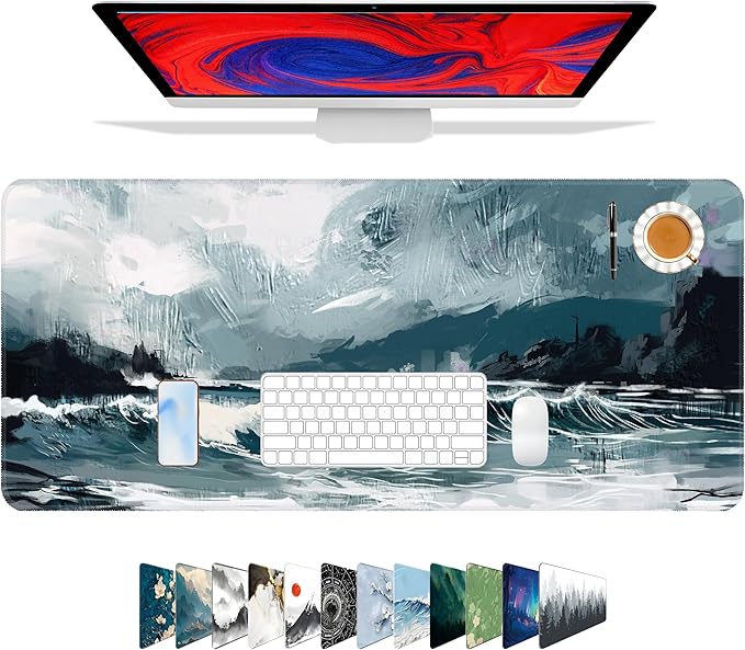 Galdas Gaming Mouse Pad XXL XL Large Long Extended Big Mousepad Non-Slip Rubber Keyboard Mouse Pad with Stitched Edges for Laptop Home Office (31.5x11.8x0.08 Inch) … (Ink Painting)