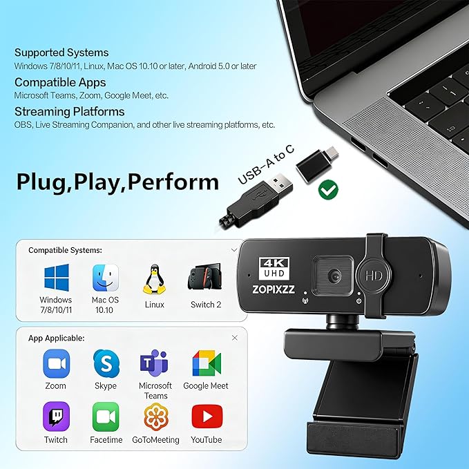 4K Webcam with Tripod, PC Ultra HD Web Camera with Microphone, PDAF Autofocus,Privacy Cover,USB A & USB C Adapter, Plug & Play,Ideal for Business Meetings&Live Streaming