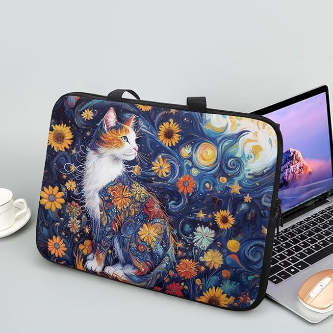 Starry Night Laptop Sleeve 12 Inch Laptop Protective Case Cute Cat Floral Computer Sleeve Neoprene Protective for 10-17 Inch Computer, Notebook, Chromebook, Tablet Bag