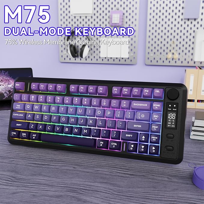 ZIYOU LANG M75 Wireless Gaming Keyboard, RGB Backlit Rechargeable 2000mAh Battery, Small Membrane But Mechanical Feel Keyboard with Smart Display & Knob, PBT Gradient keycaps for PC, MAC-Grape Purple