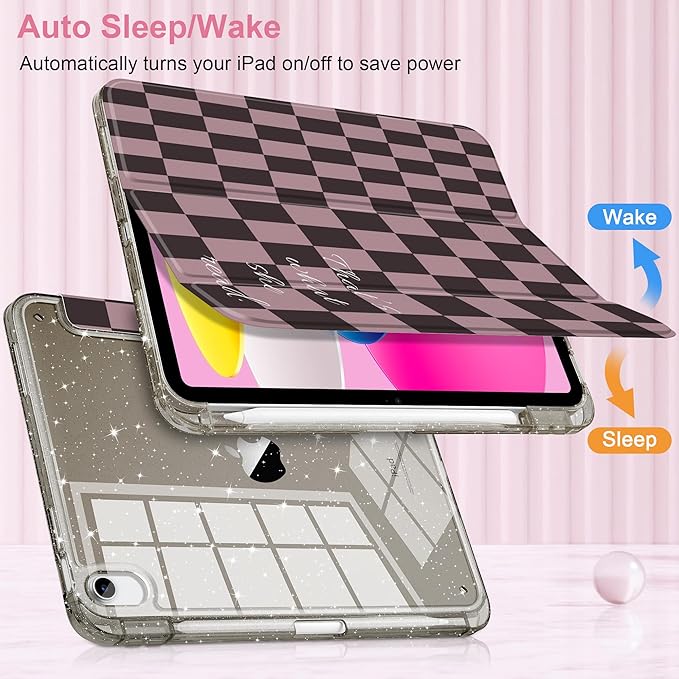 DONGKE for iPad Pro 11 inch Case – Fits M5 2025 / M4 2024, Shockproof Sparkling Glitter Acrylic Back, Pencil Holder, Trifold Stand, Auto Sleep/Wake & Touch ID Support - Brown Gingham
