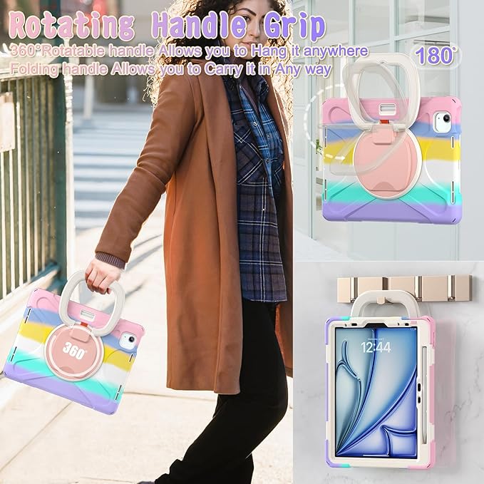 SCSVPN Kids Case for iPad Air 11 Inch M4/M3/M2 (2026/2025/2024), iPad Air 5th/4th Gen 10.9''(2022/2020), iPad Pro 11 4th/3rd/2nd/1st Gen, Protective Cover with Pen Holder, Stand, Shoulder Strap, Pink