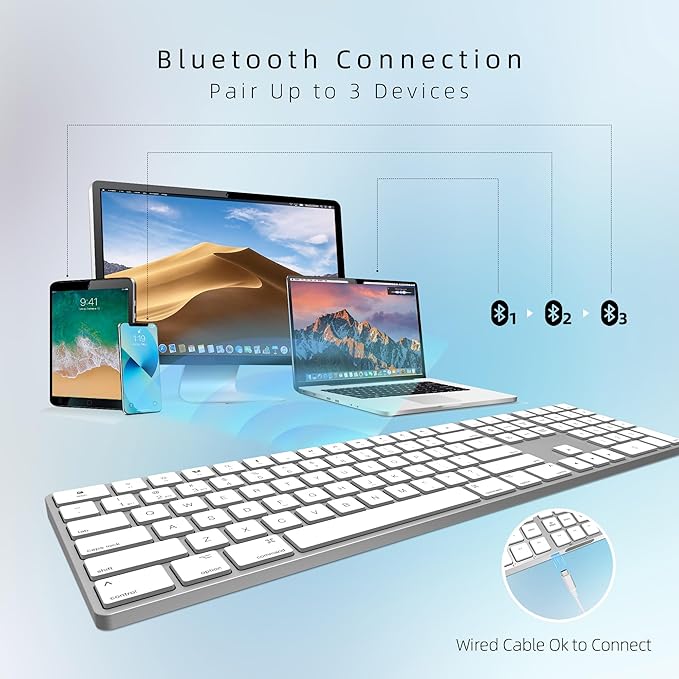 Bluetooth Slim Keyboard for Mac, Aluminum Rechargeable Keyboard Wireless, Low-Profile Silent Flat Key Compatible with Apple iMac, MacBook, Mac and iOS, Full Size - Silver White