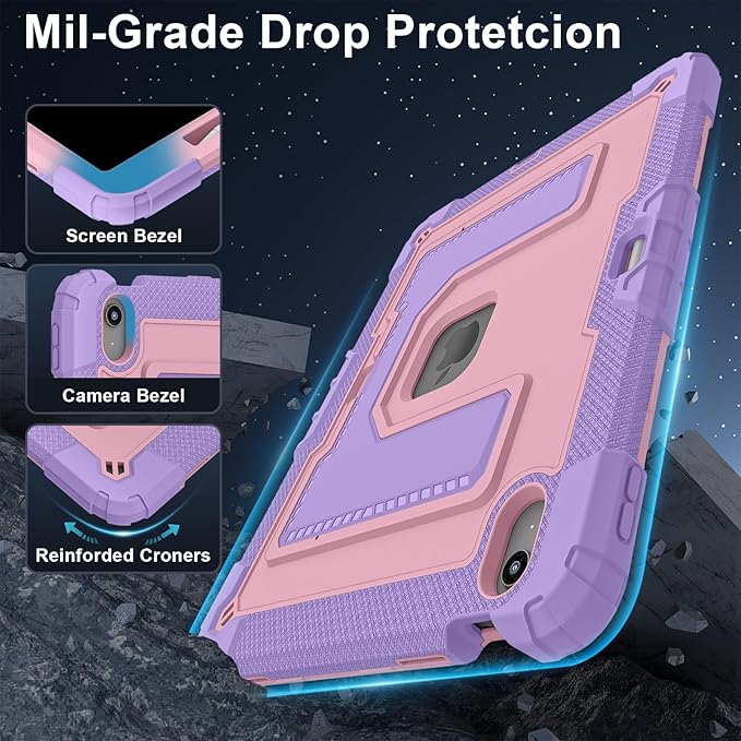 Kids Friendly Case for iPad Air 13 Inch M4 M3 M2 2026/2025/2024 Case with Pencil Holder & Shoulder Strap, Military Grade Shockproof Kickstand Hard Shell Protective Cover,Pink+Purple