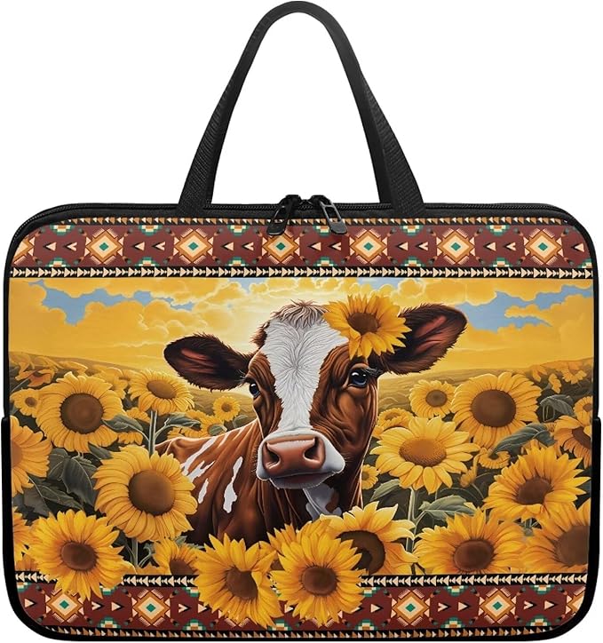 15 Inch Laptop Sleeve, Laptop Cover Computer Bag Tablet Carrying Case with Handle, Tribal Sunflower Cow Water-Repellent Tote Bags Notebook Sleeves Handbag Messenger Briefcase