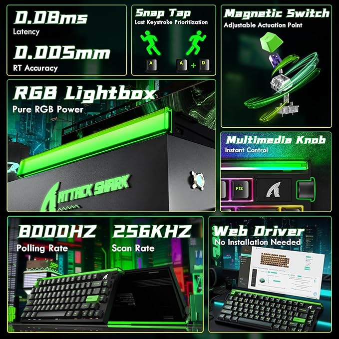 ATTACK SHARK R85 HE Wired 75% Hall Effect Rapid Trigger Mechanical RGB Gaming Keyboard with 8K Polling,0.05mm RT Accuracy,0.08MS Latency,Magnetic Switch,5 Layer Sound Damped,Driver for PC Mac(Green)
