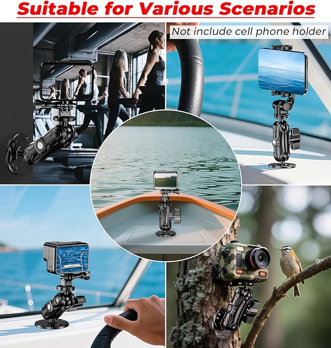VAZESWIN Aluminum Alloy Camera Mount - with 1/4" Thread Tripod Adapter for Gopro Insta360 DJI Action Cameras, 360° Rotation Adjustable 1" Ball Mount with AMPS Hole Round Base, for Car Boat Dashboard