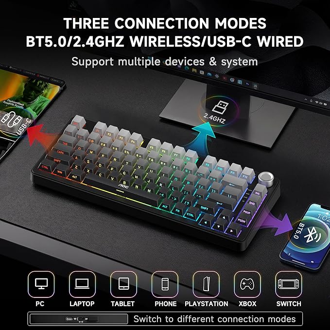 AOC GK330 Gaming Keyboard, Hot Swappable Wireless Mechanical Keyboard Support BT/2.4GHz/USB-C, RGB Backlit, Pre-lubed Reaper Switches, Anti-ghosting, 75% Gasket Custom Keyboard with Five-Layer Padding