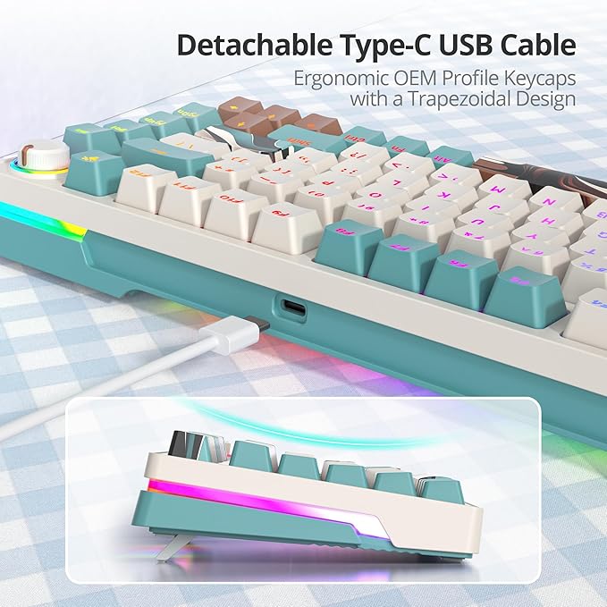 75% Brown Mechanical Gaming Keyboard, Compact 82 Key Hot Swappable with Knob, RGB Backlit OEM Profile, Wired USB-C Keyboard with Linear Switches for Windows Mac