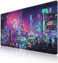Retro Japanese Anime Gaming Mouse Pad XXL Cool Dark Purple Red Vaporwave City Extended Large Desk Mat Big Mousepad Non-Slip Rubber Base Stitched Edge Long for Computer, 35.4x15.7 in