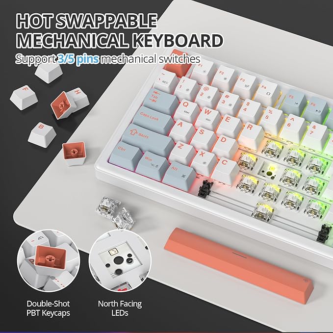 75% White Blue Creamy Mechanical Keyboard Wired, Creamy Sound Gasket Gaming Thocky Keyboard with Knob, Hot Swappable RGB Custom Keyboard, Pre-lubed Cream Switch Keyboard (82 Light Blue)