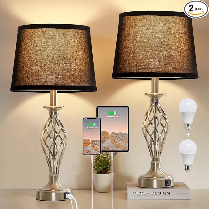 Table Lamp for Bedroom Set of 2 with USB C+A Ports, Modern Bedside Lamps with Spiral Cage Base, Fabric Shade, Nightstand Lamp for Living Room Reading Bed Side End Table, 2 LED Bulbs Included (Silver)