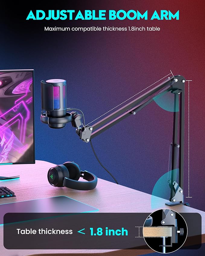 COCONISE Gaming Microphone, USB PC Mic for Podcasts Videos, Streaming, Condenser Mic with Quick Mute, Tripod Stand, Pop Filter, RGB Indicator, Shock Mount, Rotate gain button, Compatible with PS4/5/PC