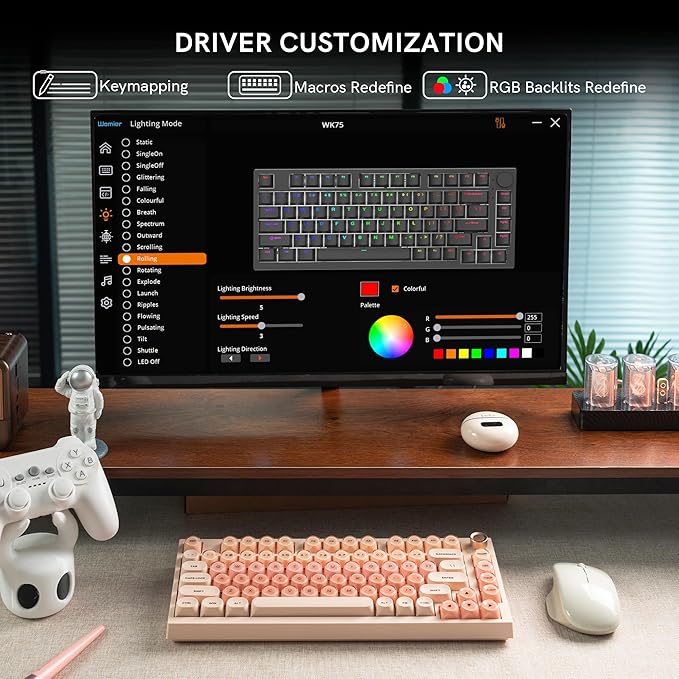 COSTOM WK75 75% Wireless Gaming Mechanical Keyboard,BT5.0/2.4GHz/USB-C, Hot Swappable Pre-lubed Custom Linear Switches,Gasket Structure,RGB Backlit Keyboard for PC/Laptop/Xbox/PS4/PS5 (Pink)
