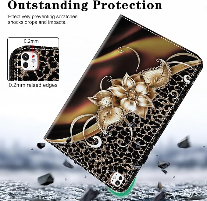 Case for iPad Pro 11 inch Case (M5/M4) 2025/2024, Premium Leather Folio Stand Cover with Auto Wake/Sleep, Pencil Holder and Card Slots - Metallic Flower
