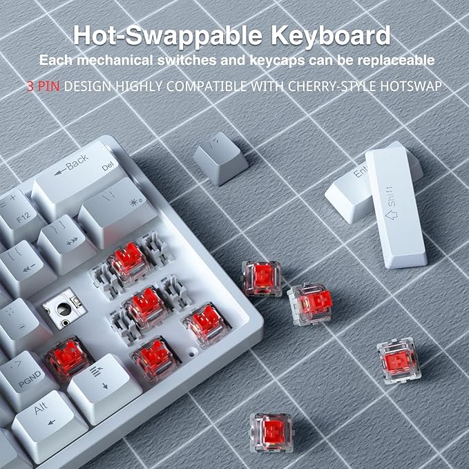SK961 60% Wireless Gaming Keyboard with Triple Mode BT5.0/2.4GHz/USB-C Wired,RGB Backlight 61 Keys Wireless 60% Keyboard Hot Swappable Mechanical Keyboard,Red Switch