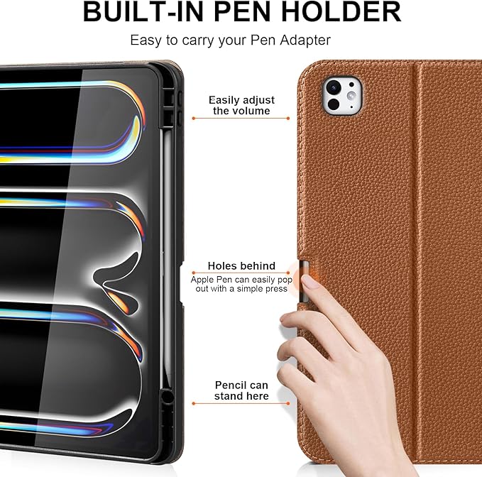 for iPad Pro 13 inch Case (M4) 2024 Release, Premium Leather Folio Cover with Auto Wake/Sleep, Apple Pencil Holder, Multi-Angle Stand & Secure Buckle Closure - Brown