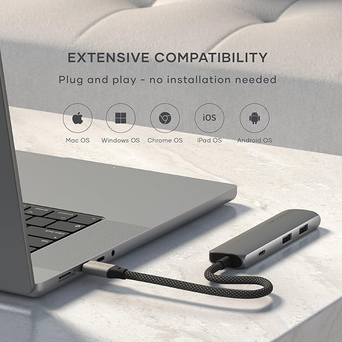 Satechi 4 in 1 USB C Hub Multiport Adapter with HDMI 4K@60Hz, 100W PD Charging, 2X USB-A Data Ports for MacBook Air/Pro/Neo, iPad Air/Pro, Windows – Space Gray