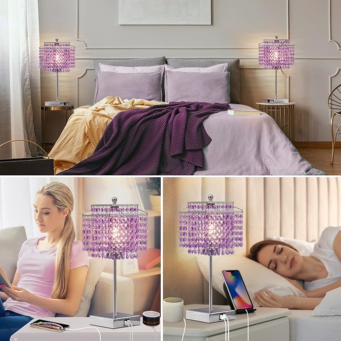 Luvkczc Crystal Table Lamp, Touch Lamp with USB C+A Ports, Dimmable Lamp with Crystal Shade, Purple Nightstand Lamp for Girl Bedroom, Living Room, Bulb Included