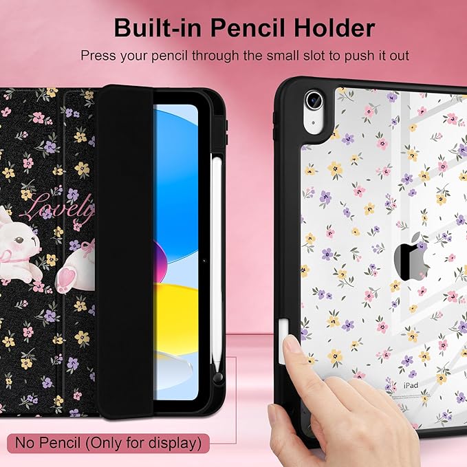 Case for iPad Air 11 inch M4 2026 M3 2025 M2 2024,iPad Air 5th (2022) / 4th (2020) 10.9 Inch Clear Back Shell Lightweight Shockproof TPU Trifold Stand Auto Wake Sleep Cute Cover, Flowers