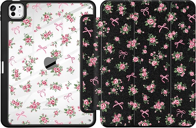 Case for iPad Pro 11 inch (M5) 2025 (M4) 2024 Release Slim Lightweight Cute Leather Black Cover with Clear Back TPU Edge Pencil Holder Trifold Stand, Roses