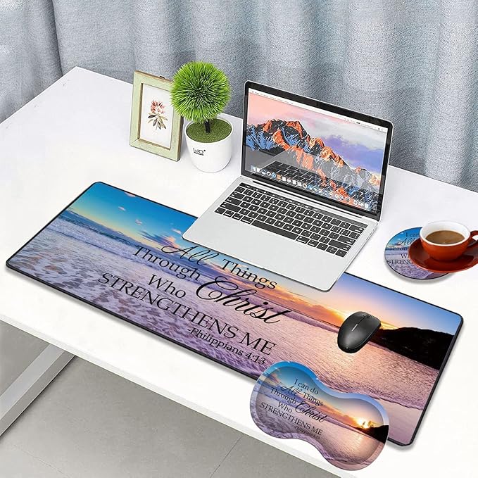 3 Piece Mouse Pad Set with Stitched Edge Large Anti-Slip Mouse Pad Desk Pad Keyboard Pad + Wrist Rest Pad + Coaster, Memory Foam Wrist Rest for Office/Home, Bible Verse Philippians 4-13
