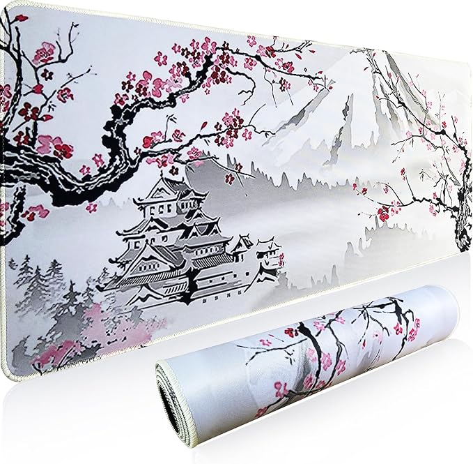 Gaming Mouse Pad XL XXL with World Map(31.5 x 11.8in), Desk Mat&Large Mouse Pad Keyboard Mat 3MM Anti Slip and Waterproof Rubber Mouse Pad(Japanese Cherry Blossom)