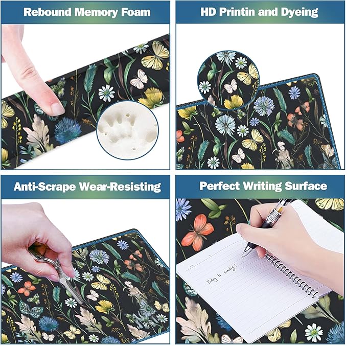 ARTSO Keyboard Mouse Pad Set, Extended Mouse Pad with Keyboard Wrist Rest Support, Memory Foam Ergonomic Desk Pad Set for Home Office, Flower Leaf Butterfly