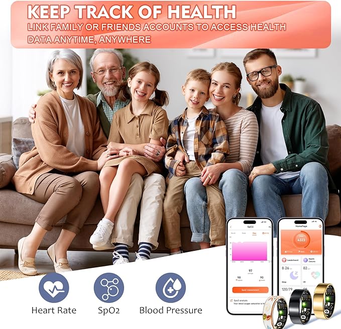 Smart Ring Health Tracker for Women Men, Sleep Tracker with Heart Rate,SpO₂,Blood Pressure, Fitness Ring for Activity Monitoring, No Subscription, Step Tracker Ring for ios&Android (Black, #12)