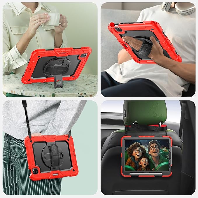 SEYMAC Case for iPad Pro 11 Case 4th/ 3rd/ 2nd/ 1st Gen (2022/2021/2020/2018), Full-Body Shockproof Protective Case with Screen Protector, 360° Rotating Stand and Hand/Shoulder Strap, Red