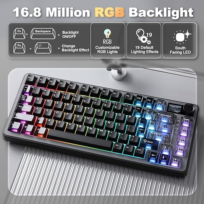 YUNZII B75 PRO MAX QMK/VIA Wireless Mechanical Keyboard,75% Layout with Screen and Knob,Custom Hot Swap Gasket,Creamy Pre-lubed Switches,Bluetooth/Type-C/2.4G for Win/Mac (Black,Cocoa Cream V2 Switch)