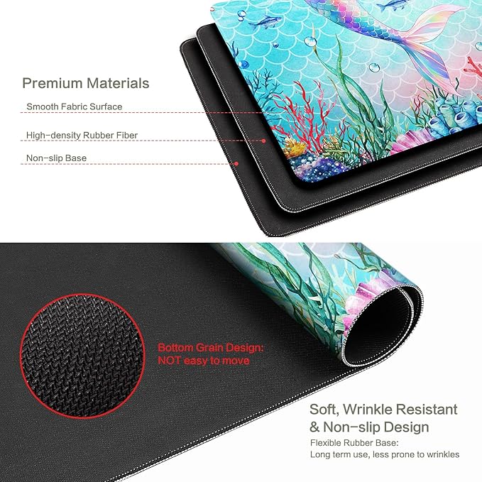 Ocean Mermaid Mouse Pad Desk Mat, Magic Mermaid Large Gaming Mouse Pad Fish Tail Anime Desk Pad Mousepad XXL Extended Keyboard Mat Mouse Mat, Waterproof, 31.5x15.7 in