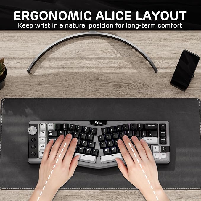 RK ROYAL KLUDGE A72 Alice Ergonomic Wireless Mechanical Keyboard w/Knob/Macro Keys/Touchable Nameplate, Tri-Mode 68% 72-Key Gasket Keyboard BT/2.4G/USB-C, Hot Swap, Win/Mac Software, 7500mAh Battery