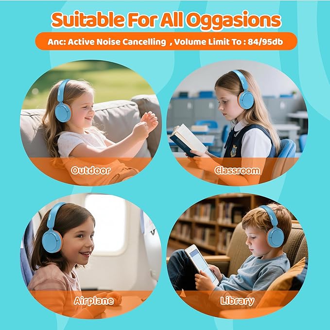 MIDOLA Kids Bluetooth Headphones Active Noise Cancelling,Volume Limited 85/94dB,Over Ear Foldable with Mic Aux Cord,Lightweight Wireless Headphone for Kid Toddler Child Pad Tablet Sky Blue