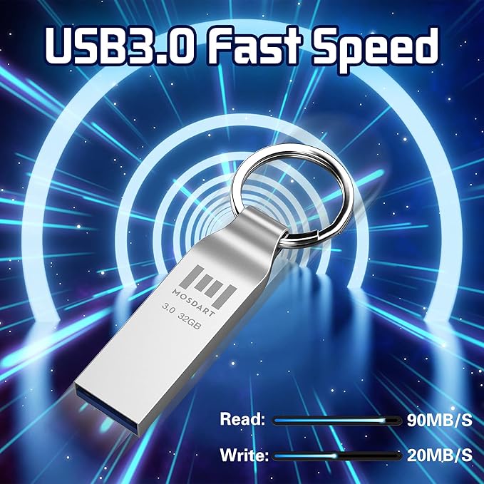 MOSDART 32GB Waterproof USB3.0 Flash Drive, Speed Up to 90MB/S, FAT32 Metal Memory Stick with Keychain, for System Back, Data Storage, Silver