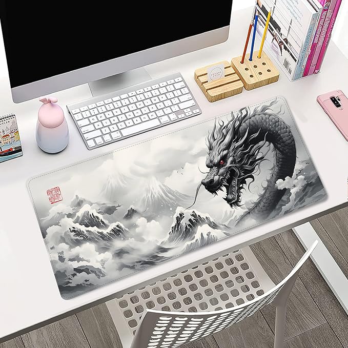 ProbTis Black and White Dragon Mouse Pad, Large Japanese Desk Mat, XXL Anime Gaming Keyboard Mat, Oriental Decor, Big Extended Desk Protector for Home Office, 35.4"x15.7" (Dragon BW)
