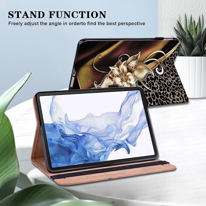 Case for iPad Pro 11 Inch (M5/M4) 2025/2024, PU Leather Tablet Cases Flip Folio Multi-Angle Viewing Stand Protective Cover with Card Slots - Metallic Flower
