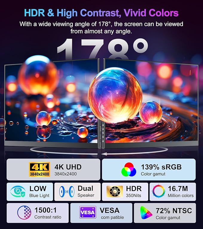 4K Portable Monitor 15.6" 3840x2400 UHD USB-C HDMI 100% NTSC 1500:1 Display, 100% Adobe RGB IPS Computer Gaming HDR Monitor w/Speakers & Kickstand for Laptop Xbox PS5 Switch PC Phone