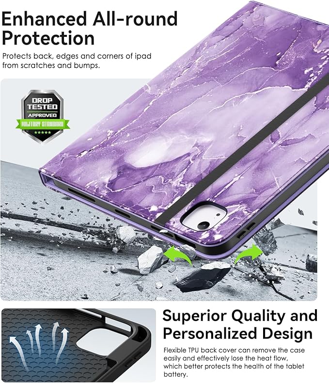 ZoneFoker Case for iPad Air 11-inch M3/ M2 (2025/2024), iPad Air 5th/4th Generation 10.9'' (2022/2020), iPad Pro 11 (4th/3rd/2nd/1st Gen), Multi-Angle Stand Cover with Pencil Holder, Marble Purple