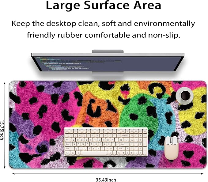 35.4 x 15.7 in, XXL Large Mouse Pad for Desk, Extended Keyboard Mouse Mat for Computer Office, Big Mouse pad with Stitched Edges, Gaming Pc-Leopard Colorful Background